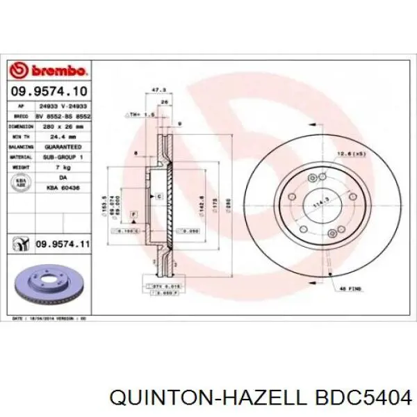 Диск переднього гальма QUINTON HAZELL BDC5404 ціна, від 39.26 USD