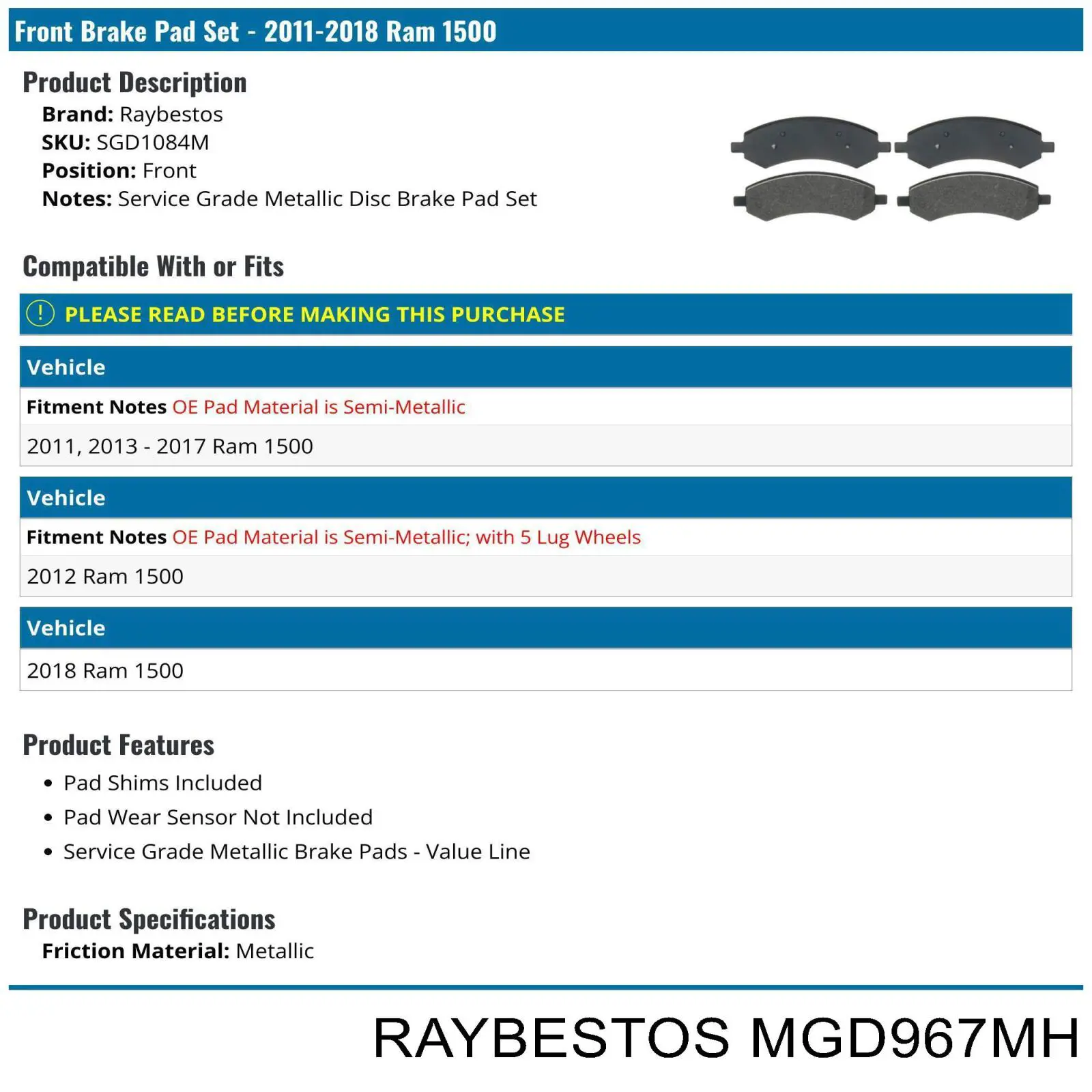 Купити MGD967MH Raybestos Задні колодки