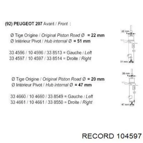 Амортизатор передній, правий Record 104597 ціна, від 56.07 USD