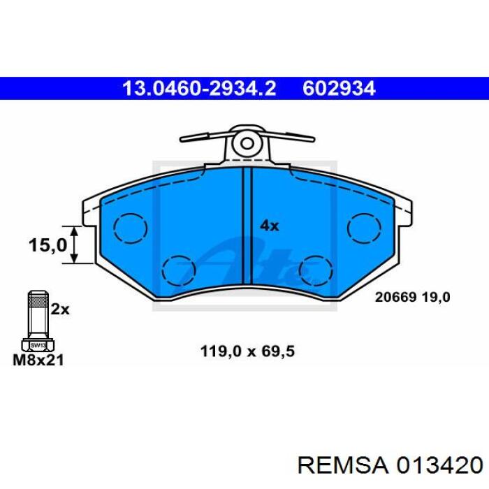 Колодки гальмівні передні, дискові 013420 Remsa