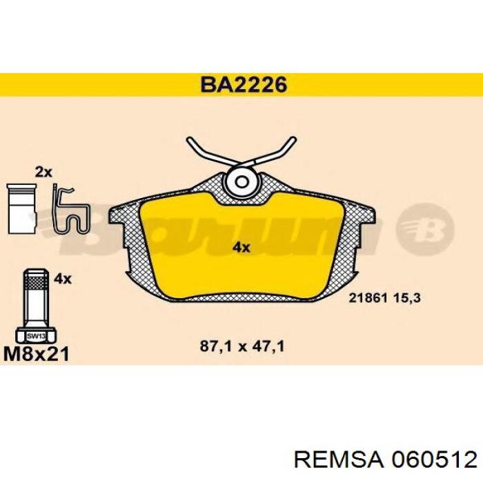 Колодки гальмові задні, дискові 060512 Remsa