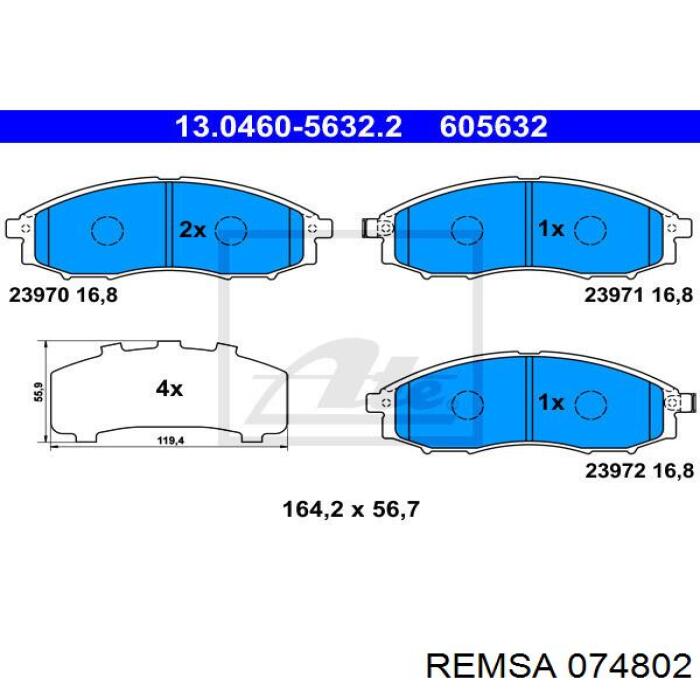 Передні тормозні колодки 074802 Remsa