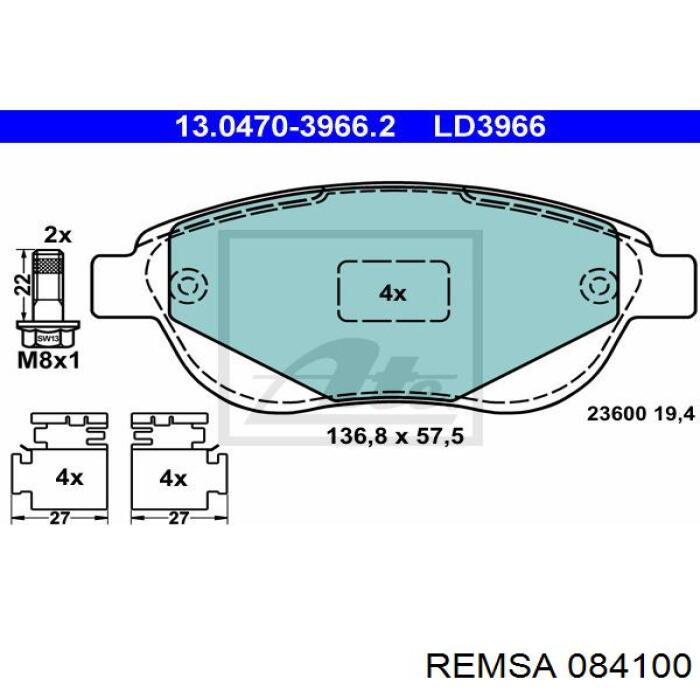 Передні тормозні колодки 084100 Remsa