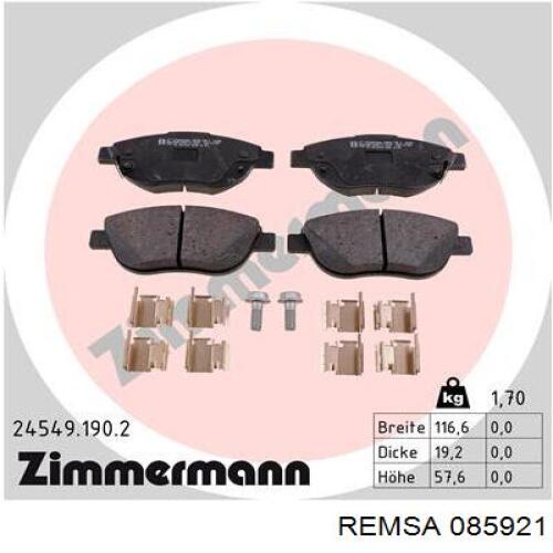Колодки гальмівні передні, дискові 085921 Remsa