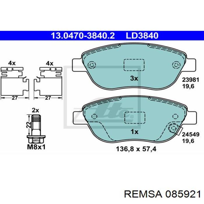 Передні тормозні колодки 085921 Remsa