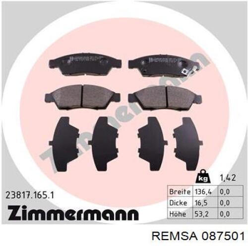 Передні тормозні колодки 087501 Remsa