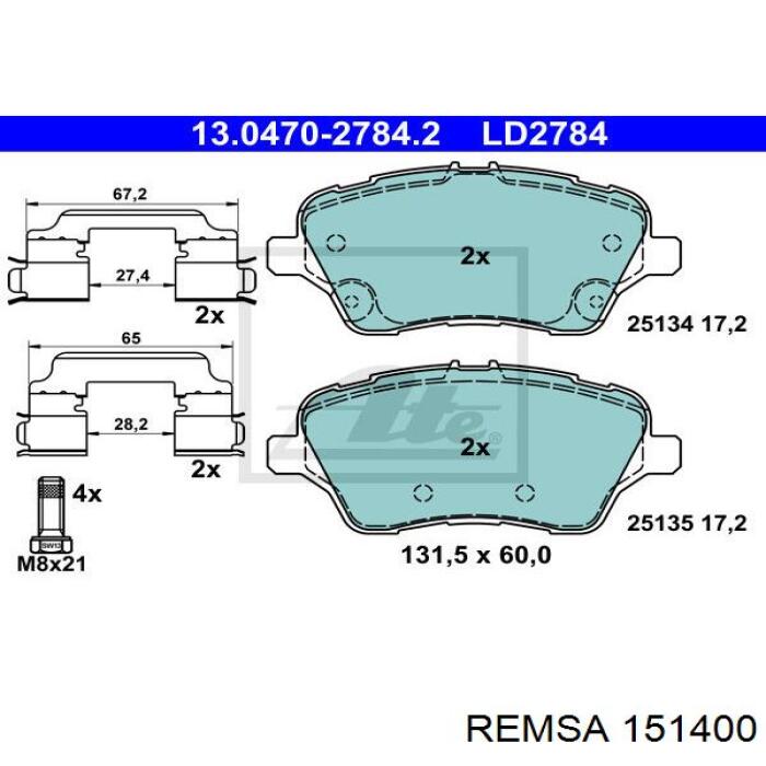 Передні тормозні колодки 151400 Remsa