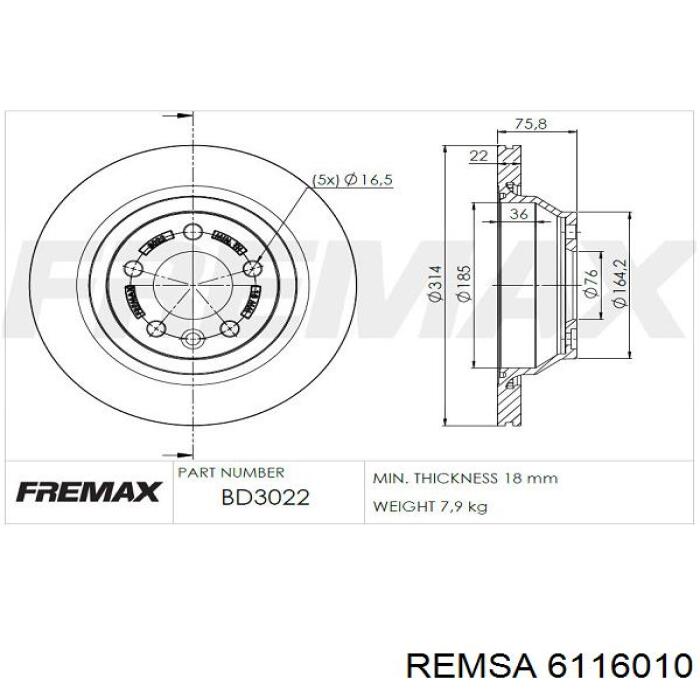 Купити 6116010 Remsa Диск заднього гальма