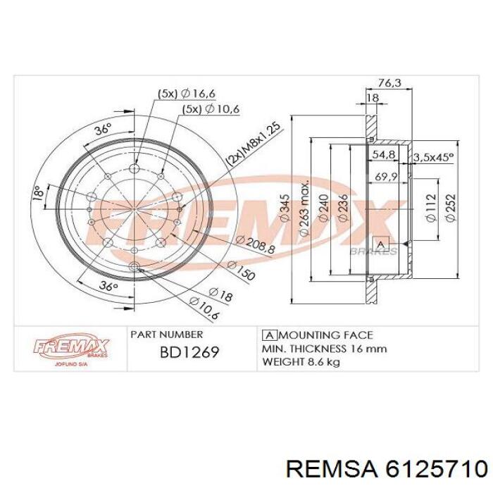 Задні дискові гальма Remsa 6125710 ціна, від 69.18 USD