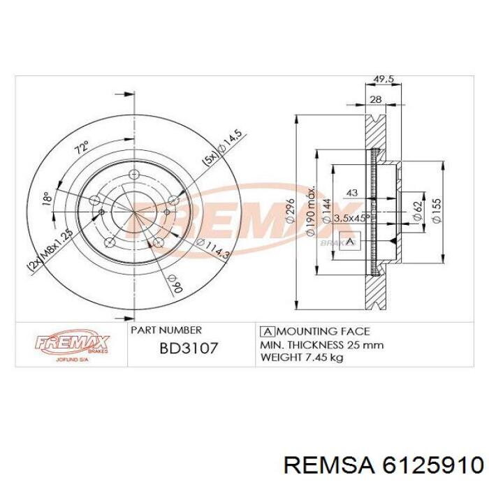 Диск переднього гальма Remsa 6125910 ціна, від 58.53 USD