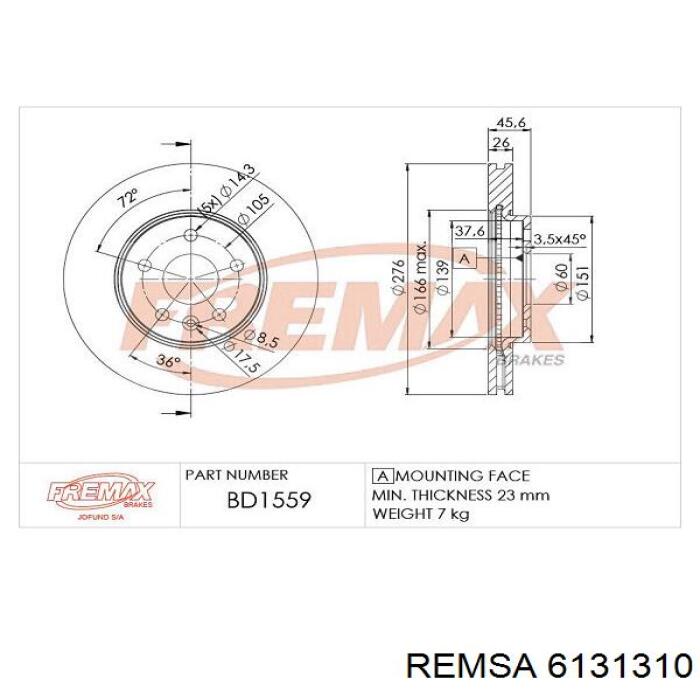 Диск переднього гальма Remsa 6131310 ціна, від 52.14 USD