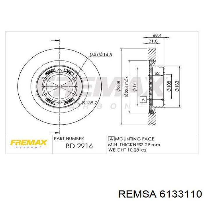 Диск переднього гальма Remsa 6133110 ціна, від 65.96 USD