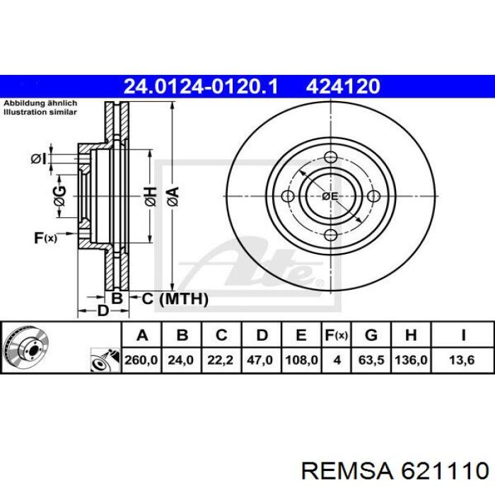 Диск гальмівний передній 621110 Remsa