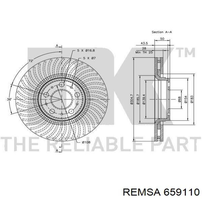 Диск переднього гальма Remsa 659110 ціна, від 60.96 USD
