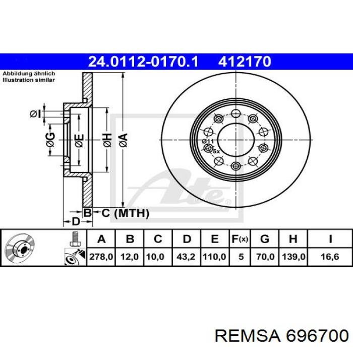 Купити 696700 Remsa Диск заднього гальма