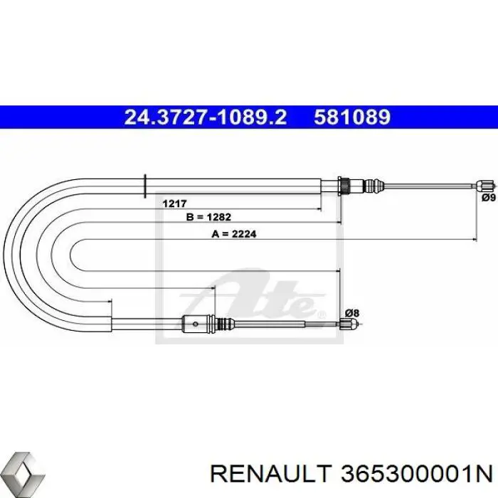 Трос ручного гальма задній, правий/лівий 365300001N Renault (RVI)