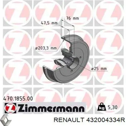 Барабан гальмівний задній Renault (RVI) 432004334R ціна, від 73.18 USD