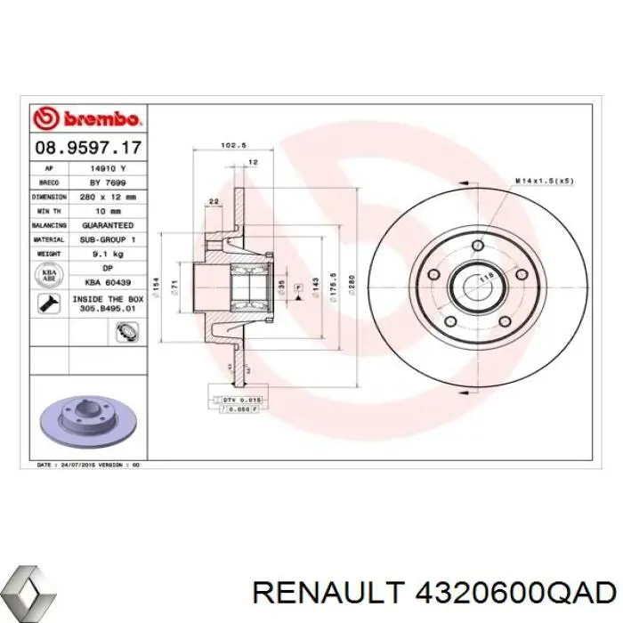 Диск гальмівний задній 4320600QAD Renault (RVI)