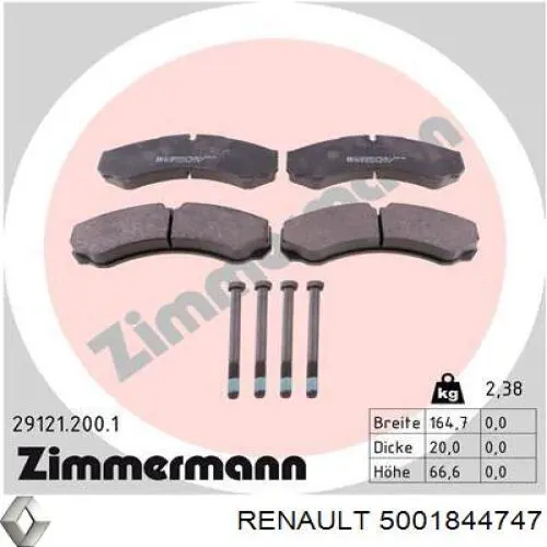 Задні гальмівні колодки Renault (RVI) 5001844747 ціна, від 24.66 USD