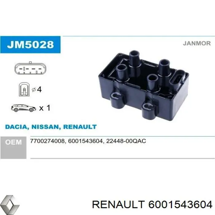 Котушка запалювання Renault (RVI) 6001543604 ціна, від 27.74 USD