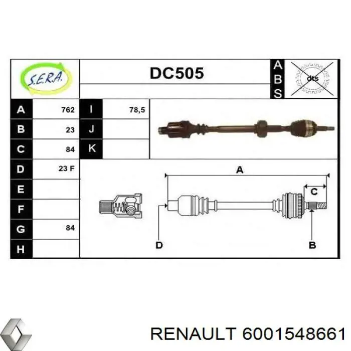 6001548661 Renault (RVI) піввісь (привід передня, права)