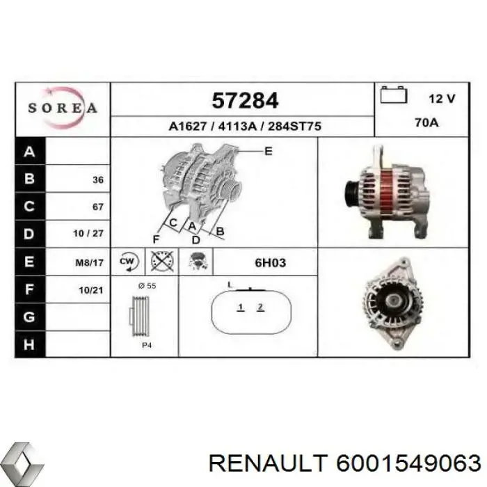 Генератор Renault (RVI) 6001549063 ціна, від 145.01 USD