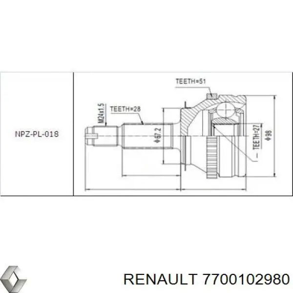 Піввісь передня, права Renault (RVI) 7700102980 ціна, від 97.10 USD