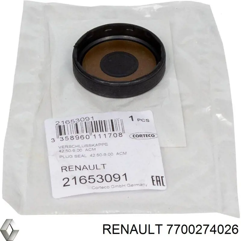 Заглушка блоку циліндрів 7700274026 Renault (RVI)