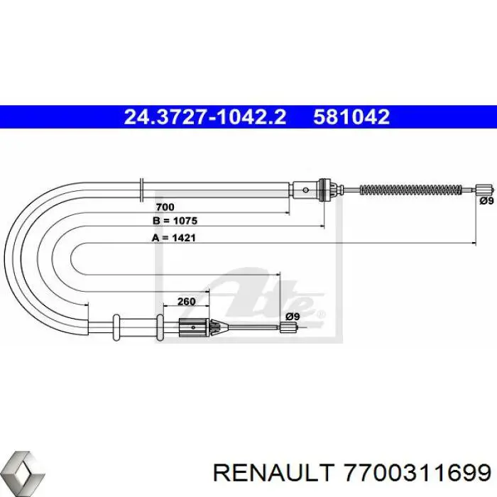 Трос ручного гальма задній, правий 7700311699 Renault (RVI)