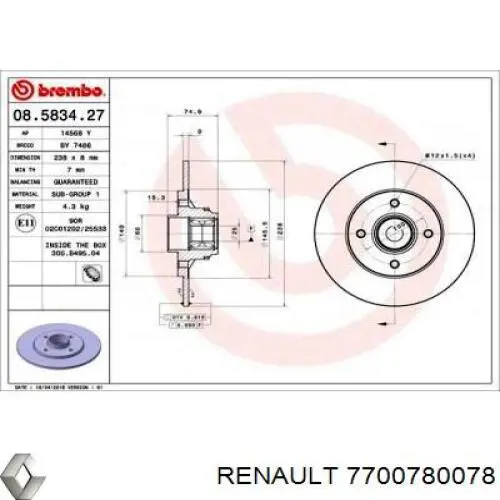Задні дискові гальма Renault (RVI) 7700780078 ціна, від 26.92 USD