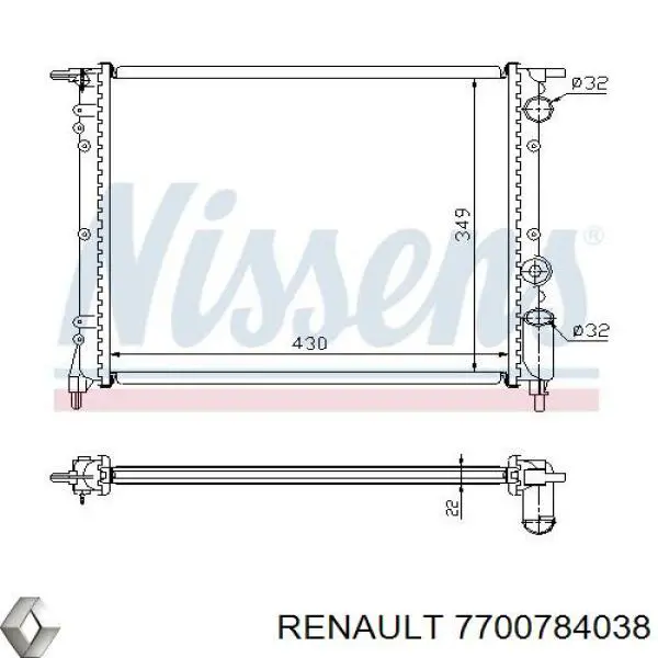 Радіатор охолодження двигуна 7700784038 Renault (RVI)