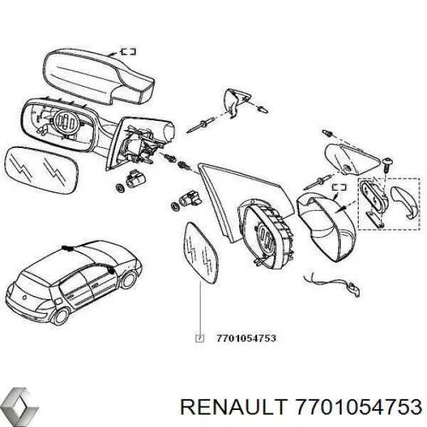 Дзеркальний елемент дзеркала заднього виду, правого 7701054753 Renault (RVI)