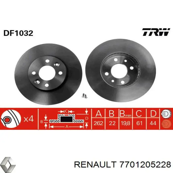 Диск гальмівний передній 7701205228 Renault (RVI)