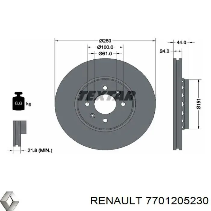 Диск гальмівний передній 7701205230 Renault (RVI)