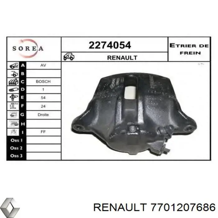 Супорт гальмівний передній правий Renault (RVI) 7701207686 ціна, від 33.04 USD