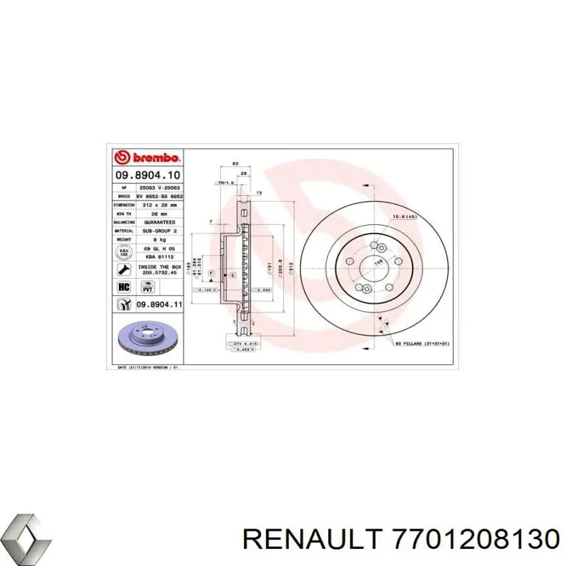 Диск переднього гальма Renault (RVI) 7701208130 ціна, від 56.68 USD