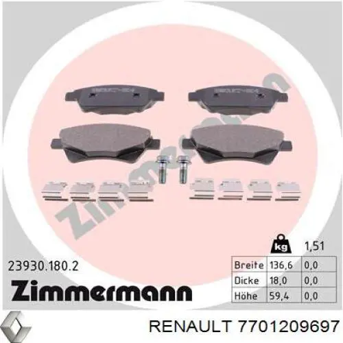 Передні тормозні колодки 7701209697 Renault (RVI)