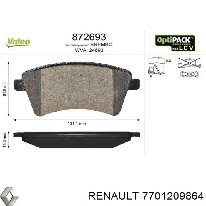 Передні тормозні колодки 7701209864 Renault (RVI)