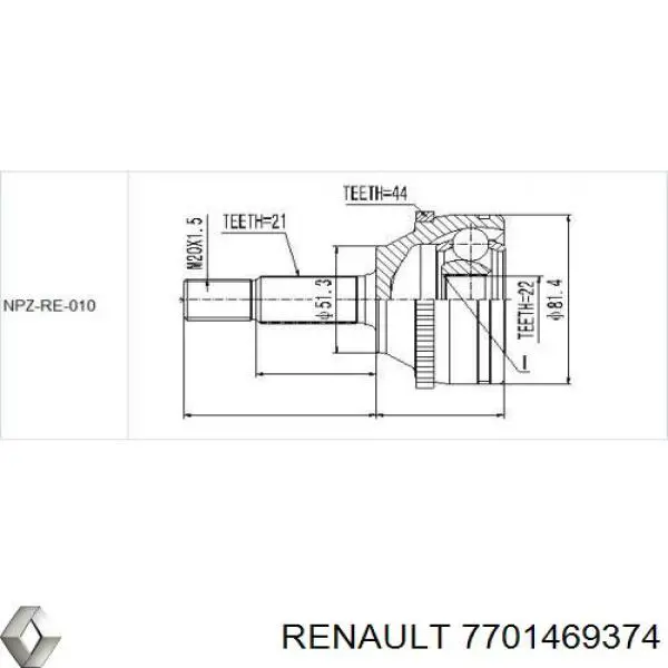 7701469374 Renault (RVI) піввісь (привід передня, ліва)