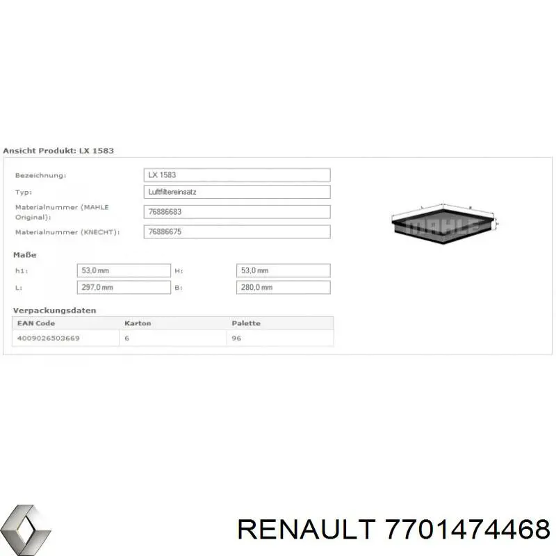 Фільтр повітряний 7701474468 Renault (RVI)