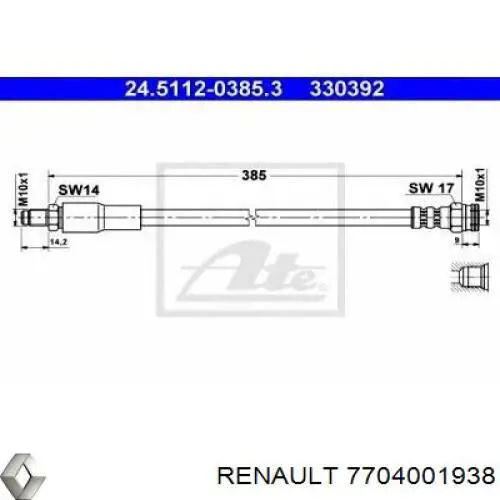 Шланг гальмівний передній 7704001938 Renault (RVI)