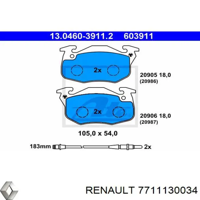 Колодки гальмівні передні, дискові 7711130034 Renault (RVI)