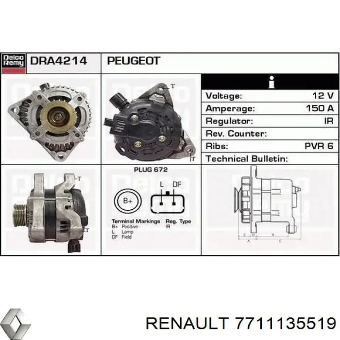 Генератор Renault (RVI) 7711135519 ціна, від 153.35 USD