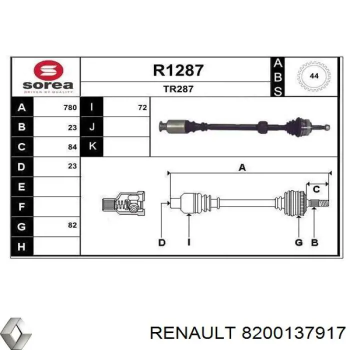 Піввісь передня, права Renault (RVI) 8200137917 ціна, від 73.02 USD