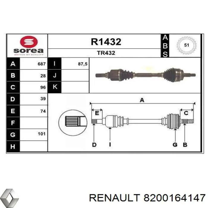 Привід передній лівий Renault (RVI) 8200164147 ціна, від 92.75 USD
