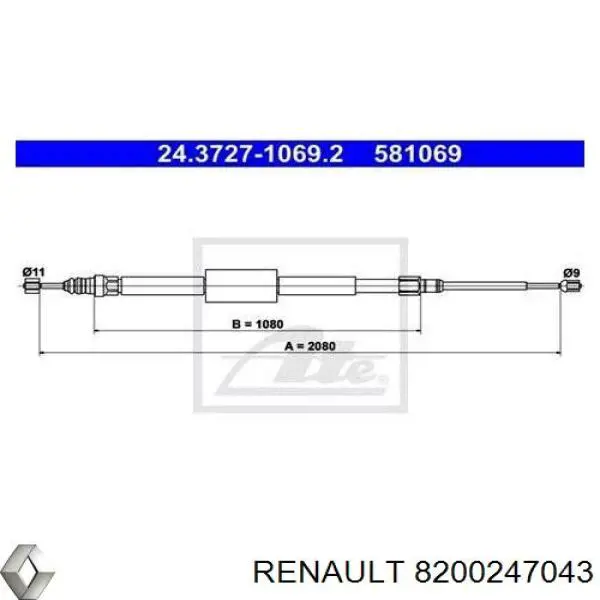 8200247043 Renault (RVI) трос ручного гальма задній, правий/лівий