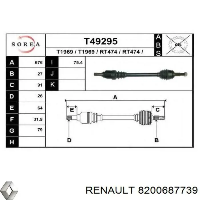 Привід передній лівий Renault (RVI) 8200687739 ціна, від 53.22 USD