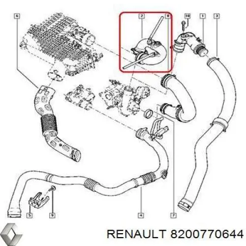 Патрубок повітряний, вихід з турбіни (наддув) 8200770644 Renault (RVI)