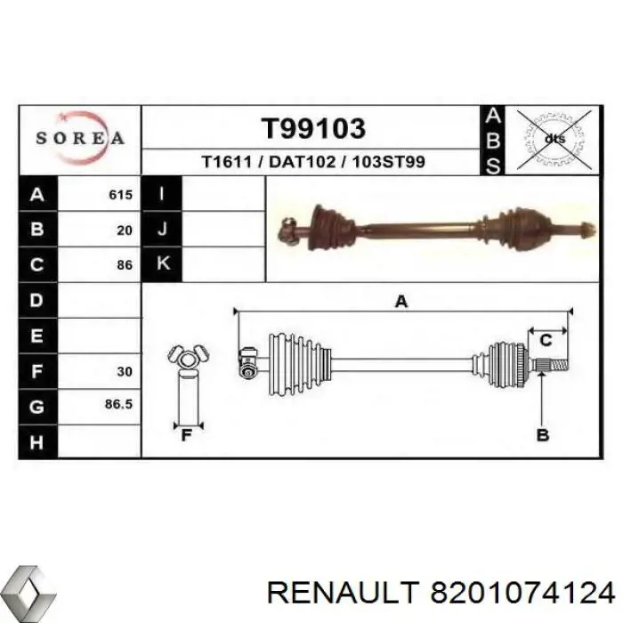 8201074124 Renault (RVI) піввісь (привід передня, права)