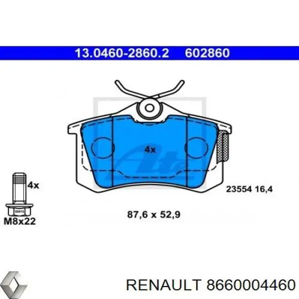 Задні гальмівні колодки 8660004460 Renault (RVI)